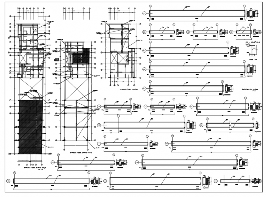 Slab and beam reinforcement plan,side view and section view dwg file